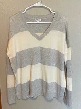 Women's Gray and Cream Striped V-Neck Knit Sweater, Size M